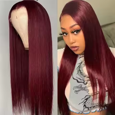 30 40 Inches Burgundy 13x6 HD Lace Frontal Human Hair Wig Bone Straight Lace Front 99J Colored Human