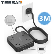 TESSAN Ultra Thin Power Strip 3 Metre Black Extension Cord with 3 USB Wall Charger(1 USB C Port) 4 W