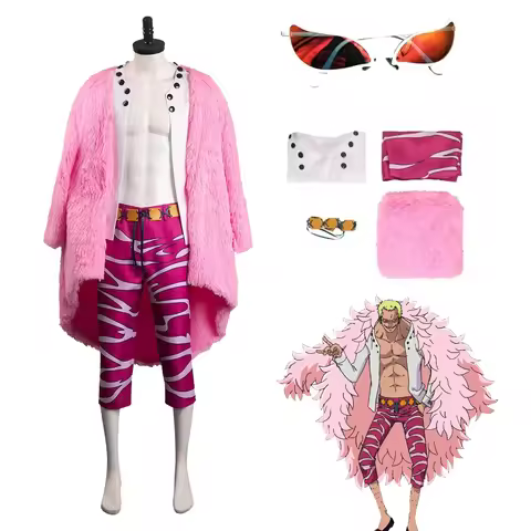 Donquixote Doflamingo Cosplay Costume Coat Pants Sunglasses Full Set Adult Men Joker Doffy Jacket Ca