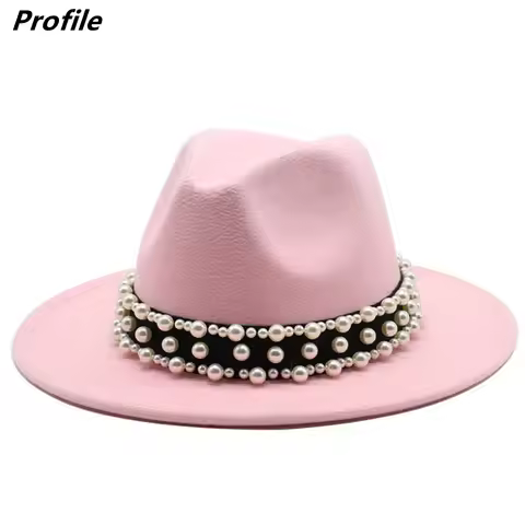 Pink Fedora Hat European and American New Style Elastic Pearl Ribbon Winter Unisex Fedora Hat Monoch