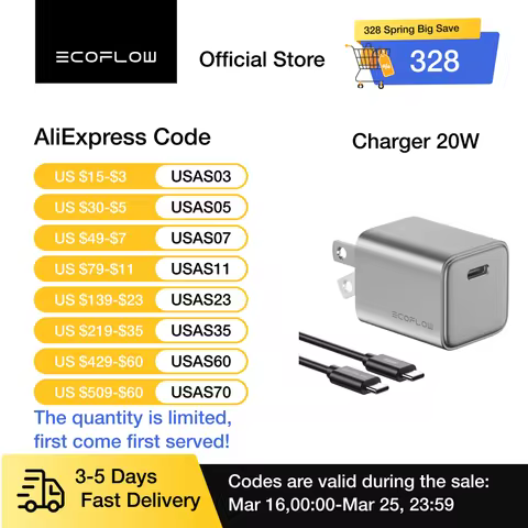 ECOFLOW USB C Charger, Rapid 20W/30W/65W GaN Type C Charging Block with Foldable Plug, Compatible wi