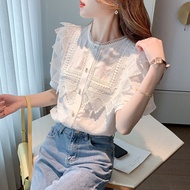 2025 Summer Lace Stitching Round Neck Short Sleeve Casual Shirt Blouse Summer CES1