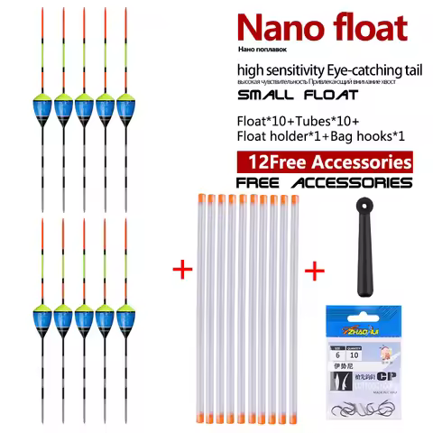 10PCS Nano Fishing Floats+10 Buoy Tubes+1 Bag Hooks+1 Buoy Holder Fresh Water Fishing Float Stable B