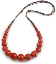 Brick Red Graduated Ceramic Bead Brown Silk Cords Necklace/58cm to 70cm L/Slight Variation In Colour