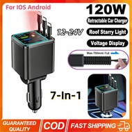 120W Retractable Car Charger 7 In 1 Fast Charging 12-24V Retractable Cable USB Type C 7 Ports With R