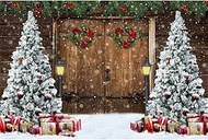 Leowefowa Christmas Barn Wooden Door Backdrop Winter Xmas Tree Wreath Decors Photography Background 8x6.5ft Kids Adult Family Supplies Banner Party Holiday New Year Christmas Eve Photo Studio Props