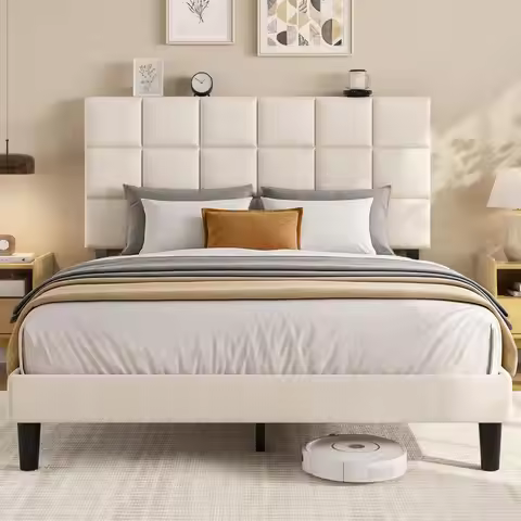 Queen Platform Bed Frame with Linen Upholstered Adjustable Tall Headboard, No Box Spring Needed, Ant
