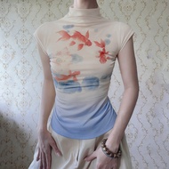 SWEETOWN Gangnam Ink Style Goldfish Print Stand Collar Short Sleeve Slim Fit T-Shirt Trendy Fashion