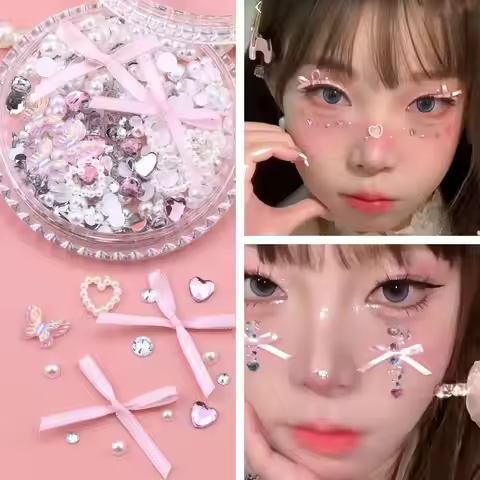 3D Pink Silk Bows Glitter Face Gem Stickers Music Festival DIY Eyes Makeups Face Jewels Stickers Dia