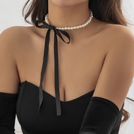 Korea romantik tiruan mutiara manik kalung yg mencekik untuk wanita fesyen Black Velvet laras Bow kalung perhiasan perkahwinan perjamuan