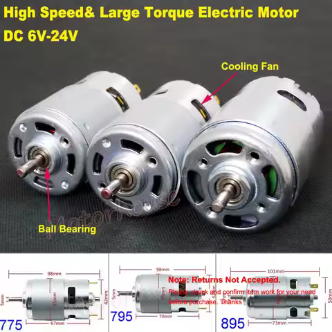 RS-775/795/895 Carbon Brush Motor DC 6V 12V 18V 24V High Speed High Power Large Torque with Ball Bea