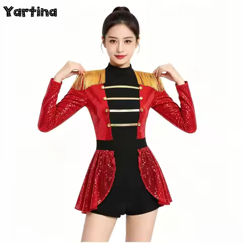 Womens Circus Ringmaster Lion Tamer Cosplay Costume Outfits Skirted Boyshorts Bodysuit Sparkly Sequi