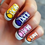 24pcs/set Medium fake nails for women Y2K blue orange pink red shoes print Square nail tips full cov