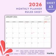 Monthly Planner 2026 | A3 | Ruled-Sheets