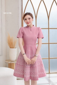 Kety Smile ชุดเดรสผ้าฝ้ายทอลาย คอจีน กระโปรง8ชิ้น งานอัดกาวทั้งชุด (S-5XL) N485