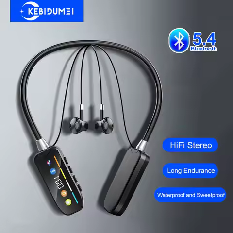 Bluetooth 5.4 Headphones HD Screen Neckband Earphones TWS Wireless Headsets HiFi Stereo Waterproof E