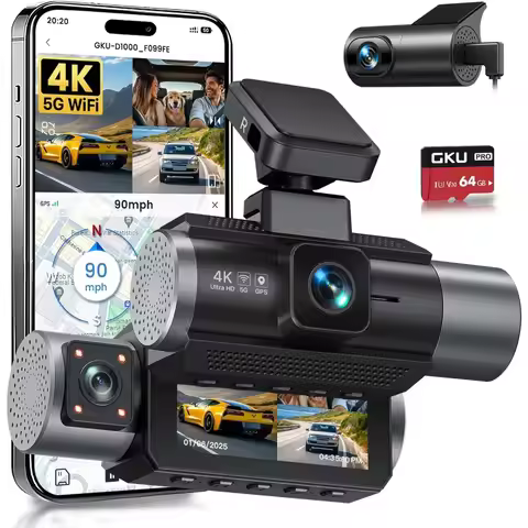 GKU 4K 3 Channel Dash Cam, 5.8GHz WiFi Built-in GPS, 4K+1080P+1080P Dash Cam Front and Rear Inside, 