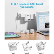 European Travel Plug Adapter, 5ft Detachable Extension Cord with Type C/G/E/F Plug Kit, 4 AC Outlets