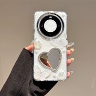 蝴蝶水鑽愛心鏡子適用於華為mate70pro手機殼Pura80Ultra補妝鏡面mate60pro鐳射山茶花P60高級感Pura70保護套-單殼 華為Mate 70