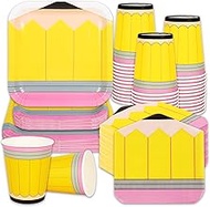 FYSUIMU 120Pcs Back to School Tableware Set Yellow Pencil Disposable Dinnerware 24 9'' Plates 24 7''