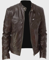 2024 Stylish Leather Jacket for Men Slim Standing Collar PU Jacket for Men Windproof Motorcycle Lape