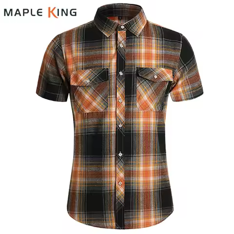 Mens Plaid Button Up Shirt Short Sleeve Casual Chemises Tops 7XL Vinatge Summer Double Pocket Men De