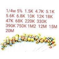 15PCS 5% 1/4W carbon film resistor 1K 1.5k ohm 4.7k  5.1k  5.6k  6.8k 10k  12k  18k  47k  68k  220k 