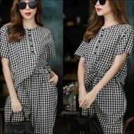 SETELAN WANITA KOTAK KOTAK BLOUSE BAJU ATASAN SQUARE MOTIF CELANA SET