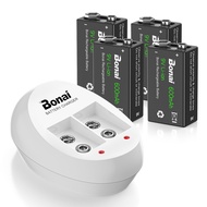 BONAI 6F22 9 Volt Rechargeable Battery(4 Pack) 600mAh Li-ion Rechargeable 9v Batteries with Charger(