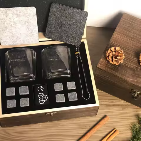 Christmas Valentine's Whiskey Gift for Men Father's Present Whiskey Stones Glasses Set Whisky Wooden