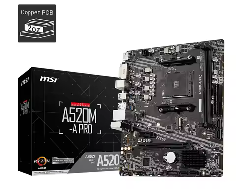 MSI A520M-A PRO Motherboard A520M Socket AM4 2x DDR4 64GB M.2 Micro-ATX support Ryzen 5700X 5600G 53