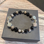 C *.H Original Label 1: 1 8MM Silver Obsidian 925 Silver Bead Bracelet Punk Hip Hop Trendy Fashion S