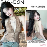 Kitty Deep V-Neck Halter Top Crop Lace Tie Neck Sexy And Hot Back Show Light See-Through Khaki Color