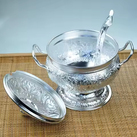 Tom Yum Serving Pot 3000ml Larger Food Serving Utensil with Long Soup Ladle for Family Commercial Re