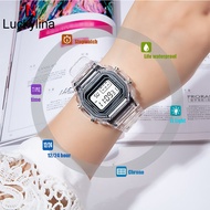 Nary Ins Fashion Women Sports Electronic Watch Waterproof Student Led Watch Luminous Watch For Women Transparent Strap Square Shape Multifunctional Casual Ladies Student Girl Digital Wristwatch 576TM
