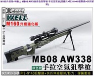 &lt;FOOL&gt;缺貨 WELL MB08 AW 338 AW338 M160 強化 手拉狙 狙擊槍 綠色 折托 附擊鏡 腳架