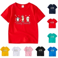 Ready Stock 8 Colors Kids Christmas Cartoon Short Sleeve 100% Cotton Crew Neck T shirt Christmas Gif