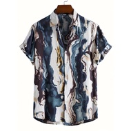 Men's Casual Printed Button-Up Shirt - Short Sleeve, Summer Style, Machine Washable, Blue & White Ab