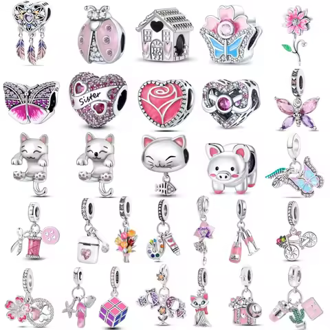 2026 New 925 Silver Pink Charm Drawing Disc Earphones Cat Animal Pendant Suitable for Original Brace