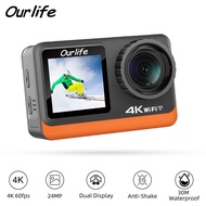 Ourlife 4K60FPS Action Camera 2.0 Touch IPS Screen 24MP Wi-Fi 170D EIS 30M Waterproof Helmet Webcam 