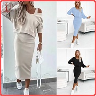 fulaide 2 Pcs/Set Women Top Dress Set V Neck Long Sleeves Solid Color Top High Waist Sheath Skinny M