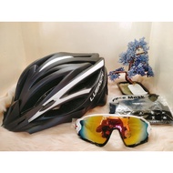bike helmet, shades and mask