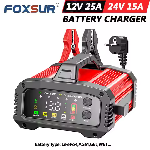FOXSUR 12V 25A 24V 15A FPT-250 Car Battery Charger High-power Lead-acid LiFePo4 GEL AGM for Motorcyc