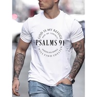 Trendy Letter PSALMS 91 & Letter Ring Pattern Print Men's T-shirt, Graphic Tee Men's Summer