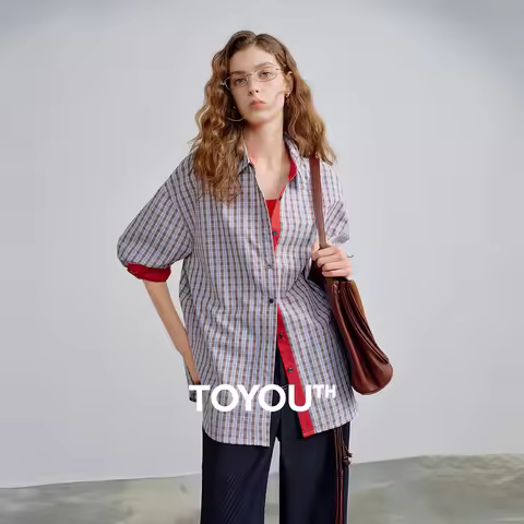 TOYOUTH Women Shirts 2026 Spring New Miu-Style Plaid Intellectual Preppy Loose Fit Retro Shirt Tops