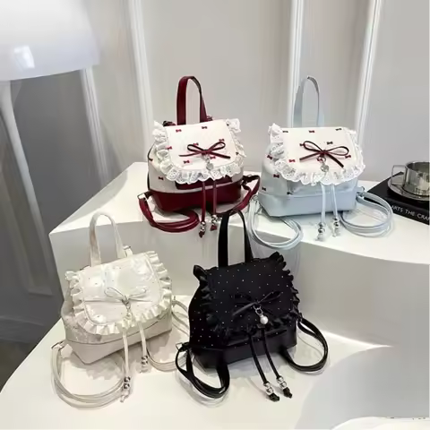 Fashion Lace Trim Butterfly Knot Backpack Polka Dot Sweet Bow Mini Backpack Lightweight Small Book B