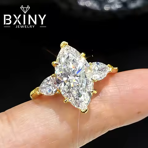 BXINY 3-Stone Marquise Cut Moissanite Rings 925 Sterling Silver for Women 1/2/3Carat Lab Diamond Wed