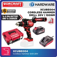 Worcraft XCUBE004 Cordless Brushless Hammer Drill 20V 100Nm come with 1x 4.0Ah Battery 1x Charger & 