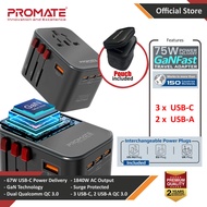 Promate Smart Charging Surge Protected Universal Travel Adapter Charger with 2 USB C Port 65W PD Pow