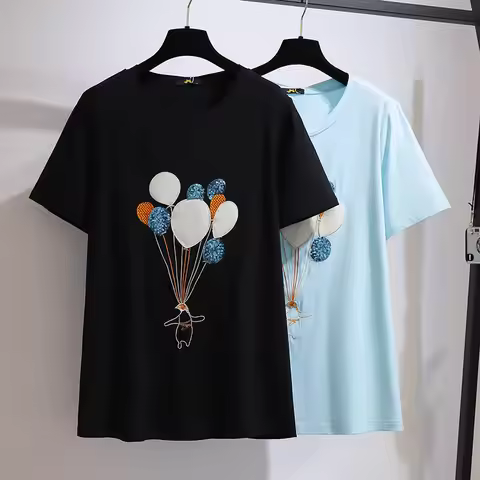 150Kg Plus Size Women's Bust 153 Summer Loose Embroidered T-Shirt Short-Sleeved Top Black Blue 5XL 6